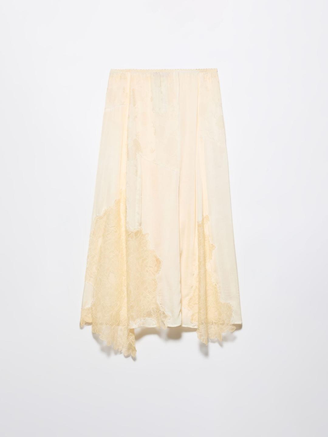 Gonna con intarsi in pizzo | Max&Co Gonna longuette asimmetrica color crema con intarsi in pizzo e tintura disomogenea, taglio svasato e vita con elastico. | Max&Co