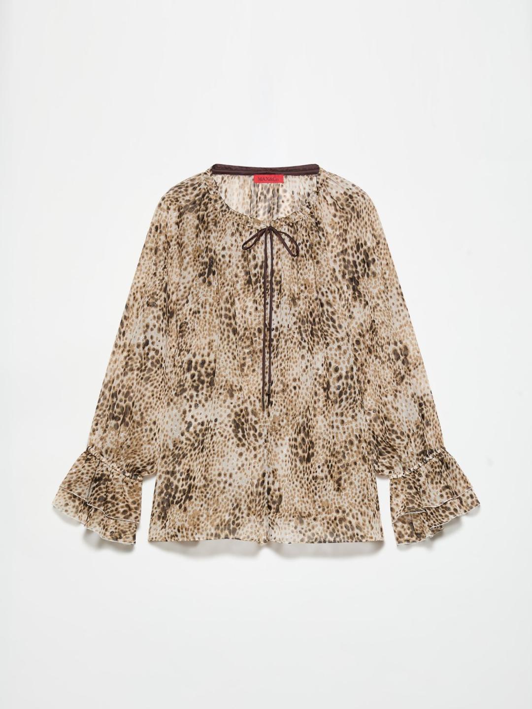 Blusa in chiffon a fil coupé | Max&Co Blusa in chiffon a fil coupé avorio con fantasia maculata e dettagli laminati, scollo arrotondato con coulisse e maniche a raglan con balze. | Max&Co