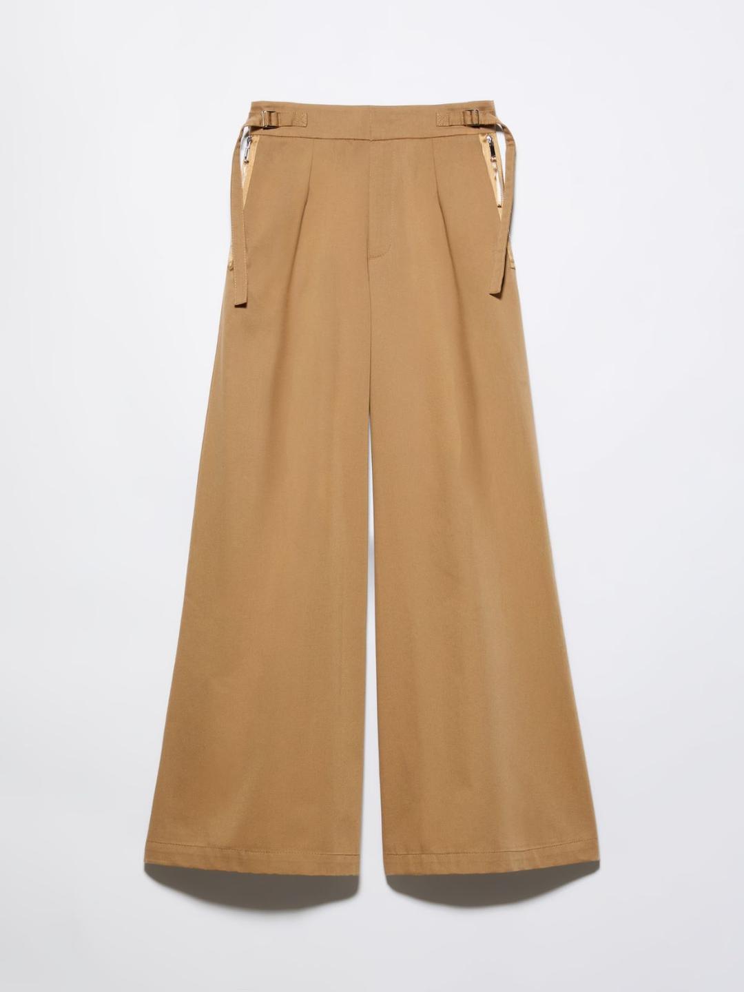 Pantaloni extra-wide in cotone | Max&Co Pantaloni extra-wide in cotone organico color cannella con vita regolare, cinturini regolabili, doppie pieghe, tasche laterali con zip e tasca posteriore a filo. | Max&Co