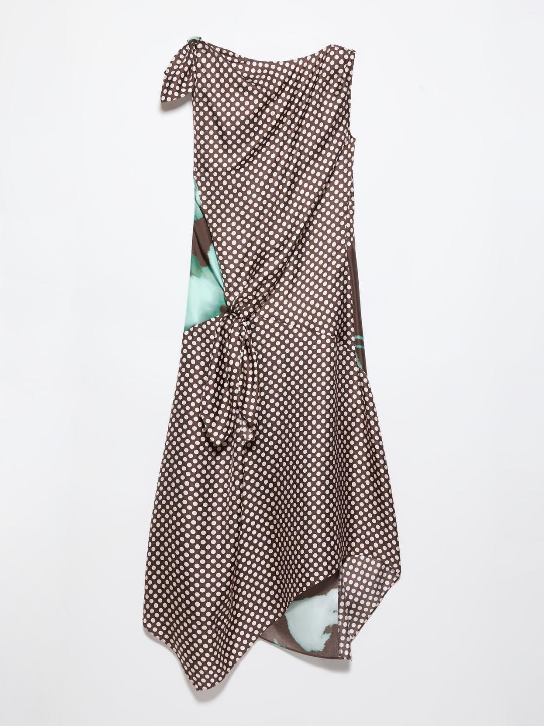 Abito in twill di seta | Max&Co Abito in twill di seta testa di moro con fantasia a pois e inserti floreali, design asimmetrico con nodo sulla spalla e chiusura a foulard. | Max&Co