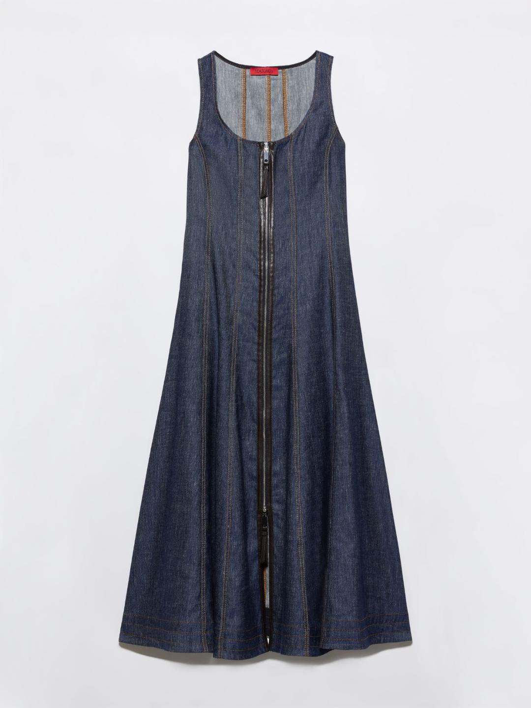 Abito in denim di cotone e lino | Max&Co Abito midi blu in denim di cotone e lino stretch da donna, con zip metallica a contrasto sul davanti e scollo tondo. | Max&Co