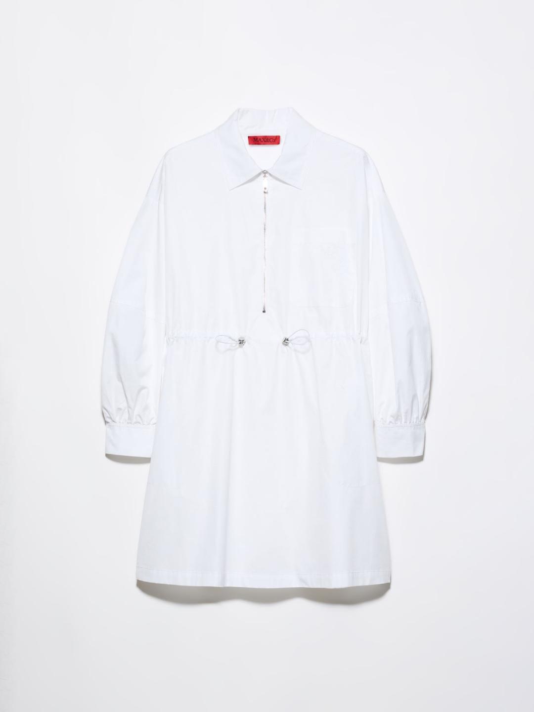 Abito in popeline con coulisse | Max&Co Abito in popeline di cotone bianco ottico con coulisse elastica in vita, colletto classico, maniche lunghe e zip in metallo. | Max&Co