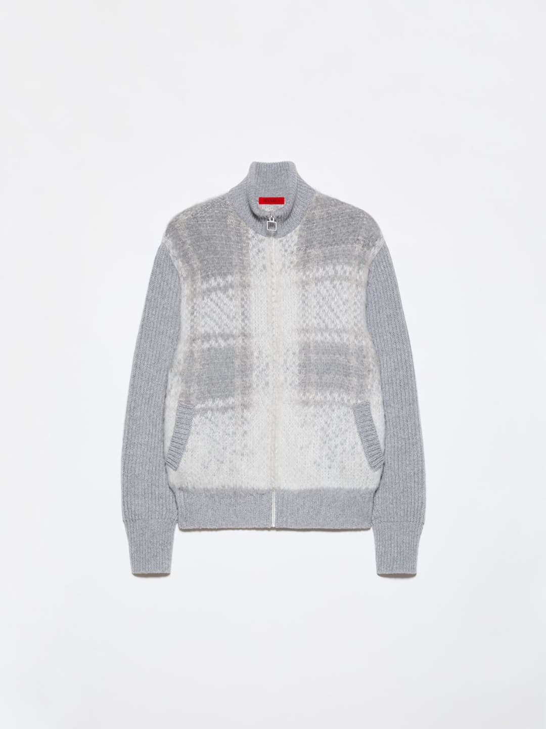 Bomber in maglia jacquard | Max&Co Bomber in maglia jacquard bianco con pattern geometrico sfumato, maniche in lana a coste inglesi e zip in metallo con tirazip square. | Max&Co
