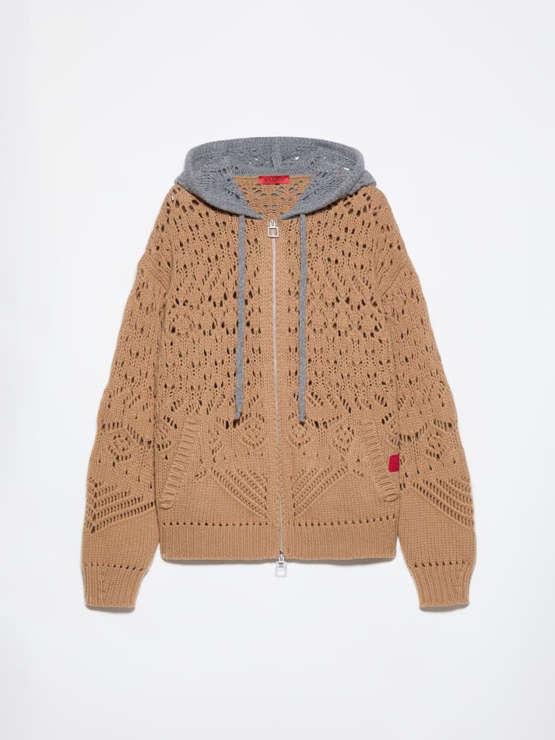 Cardigan in pura lana traforata | Max&Co Cardigan in pura lana traforata color cammello con cappuccio grigio, chiusura zip metallica e patch rosso a contrasto. | Max&Co
