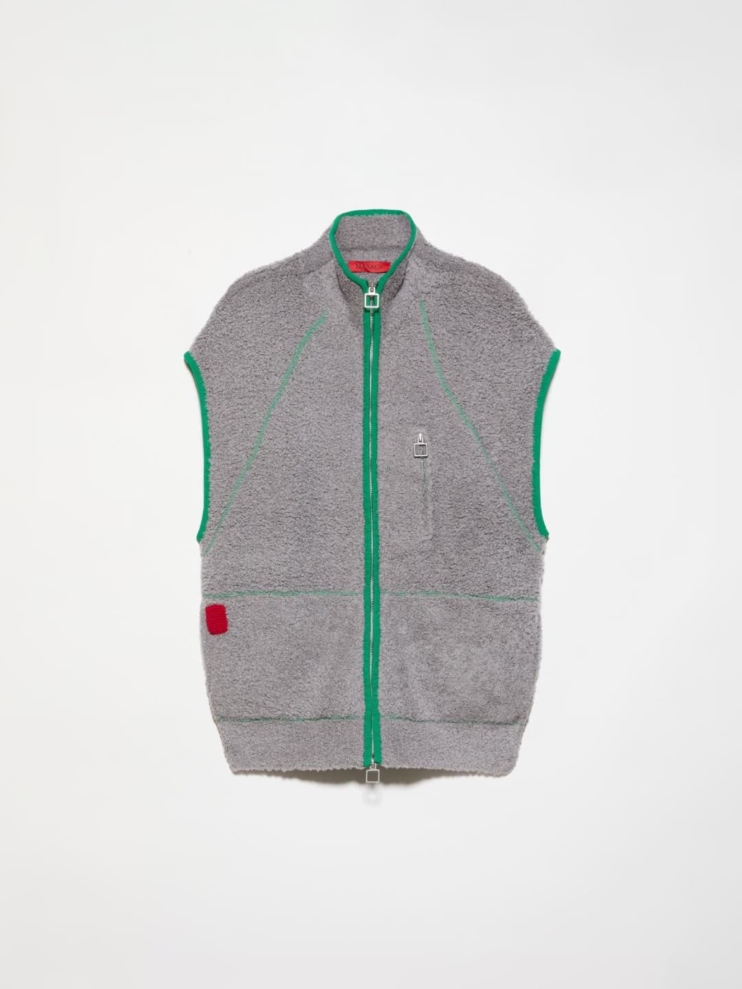 Gilet in maglia fluffy | Max&Co Gilet in maglia fluffy grigio con bordi a contrasto verdi, zip frontale e tasche, patch rosso MAX&Co. sul fianco. | Max&Co