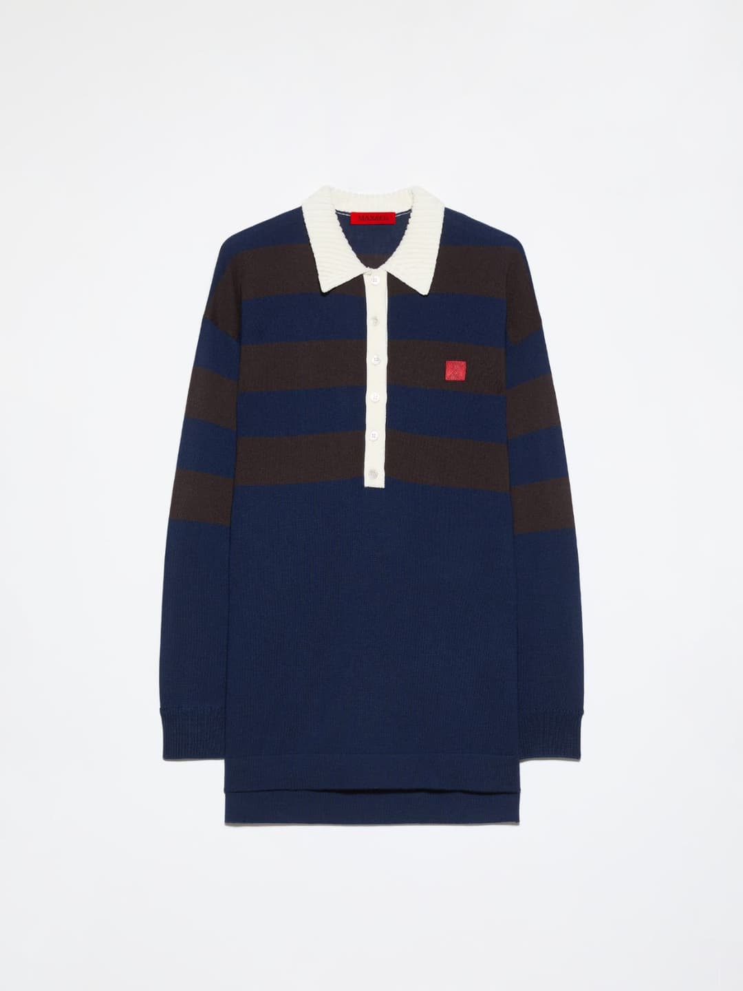 Polo in pura lana merino | Max&Co Polo blu in pura lana merino extrafine con pattern a righe marroni, colletto a contrasto e iconico red square MAX&Co. applicato sul davanti. | Max&Co