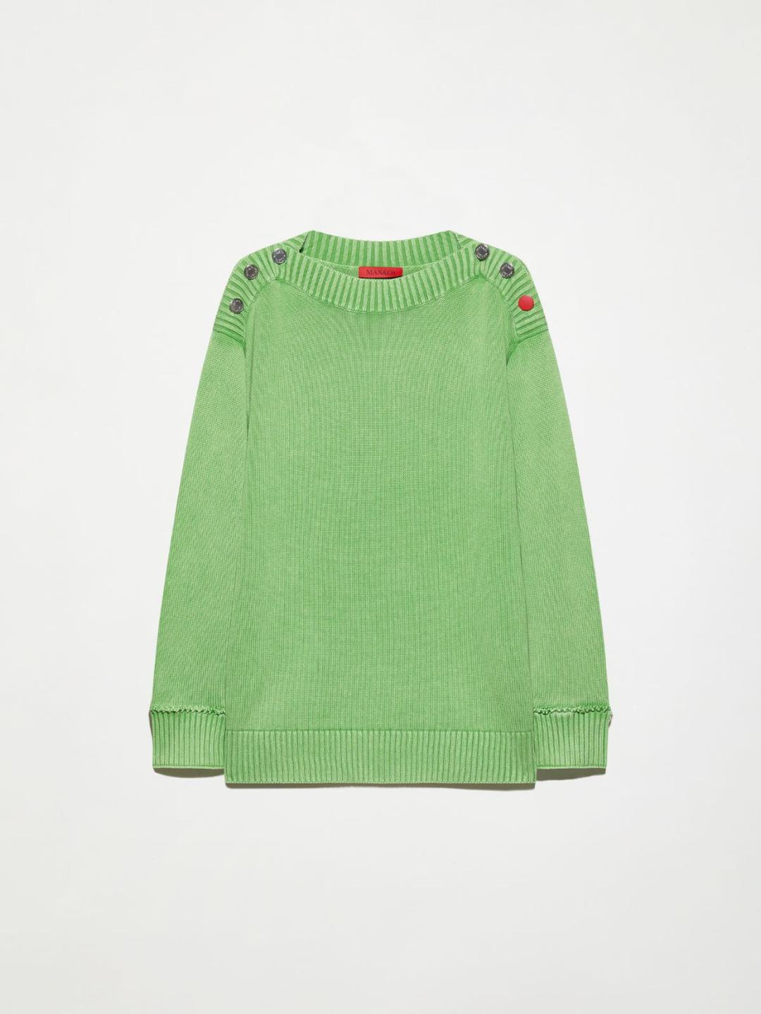 Pull in cotone stone washed | Max&Co Pull in cotone stone washed verde con scollo marinière e bottoni in metallo, caratterizzato da un finish délavé e un bottone rosso a contrasto. | Max&Co