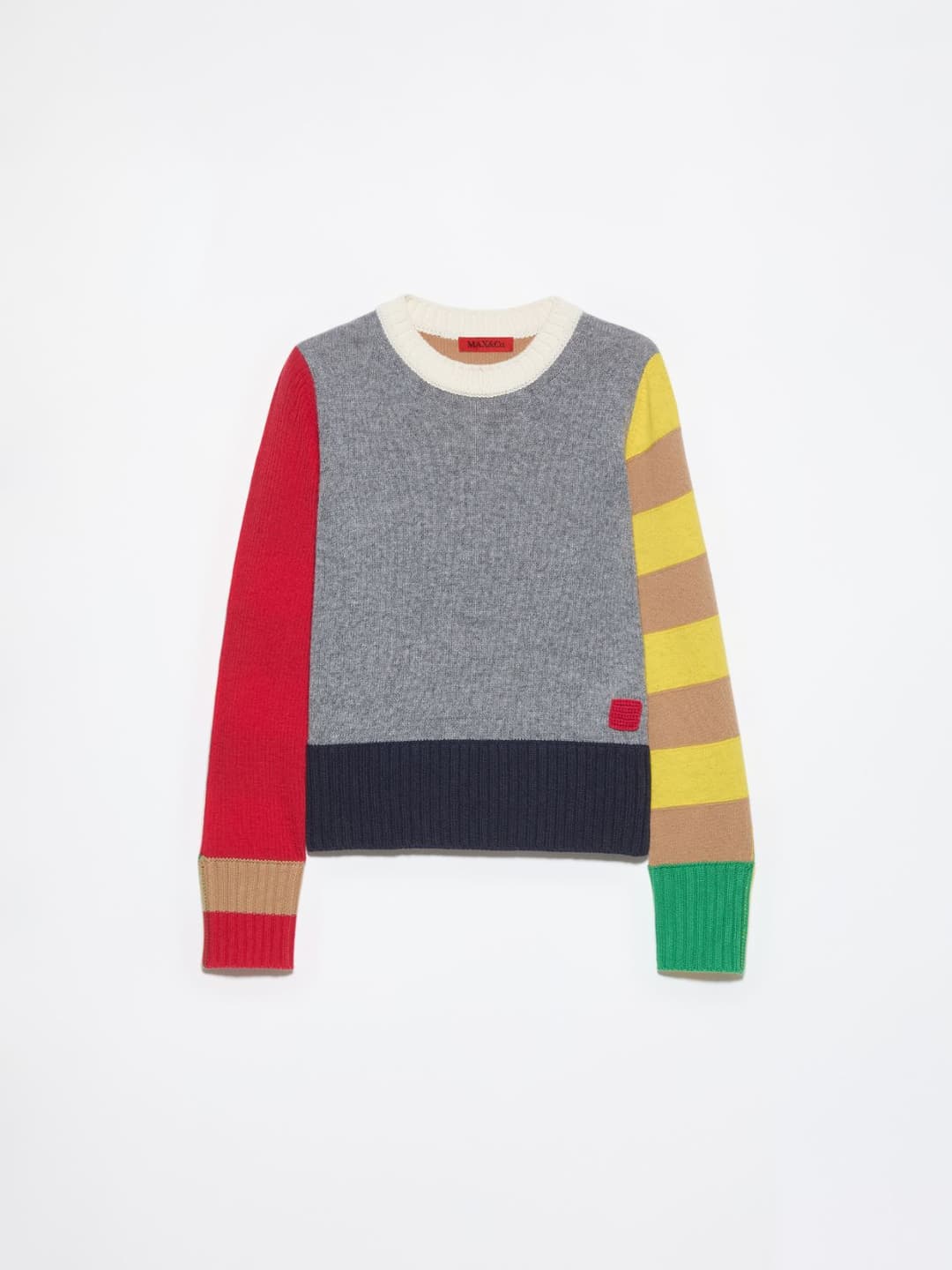 Maglia patchwork in pura lana | Max&Co Maglia patchwork in pura lana grigia con blocchi di colore rosso, giallo, beige e verde, rifinita con l'iconico red square MAX&Co. applicato sul davanti. | Max&Co