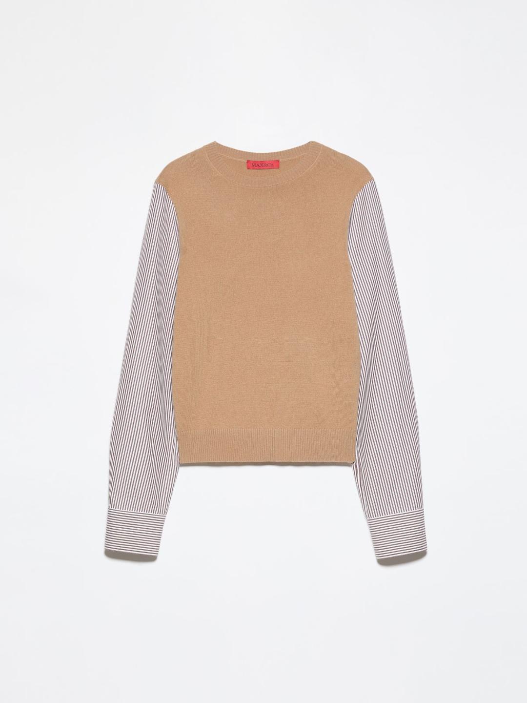 Maglia in pura lana e popeline | Max&Co Maglia girocollo in pura lana color cammello con maniche lunghe in popeline a righe bastonetto e polsini con bottoni. | Max&Co