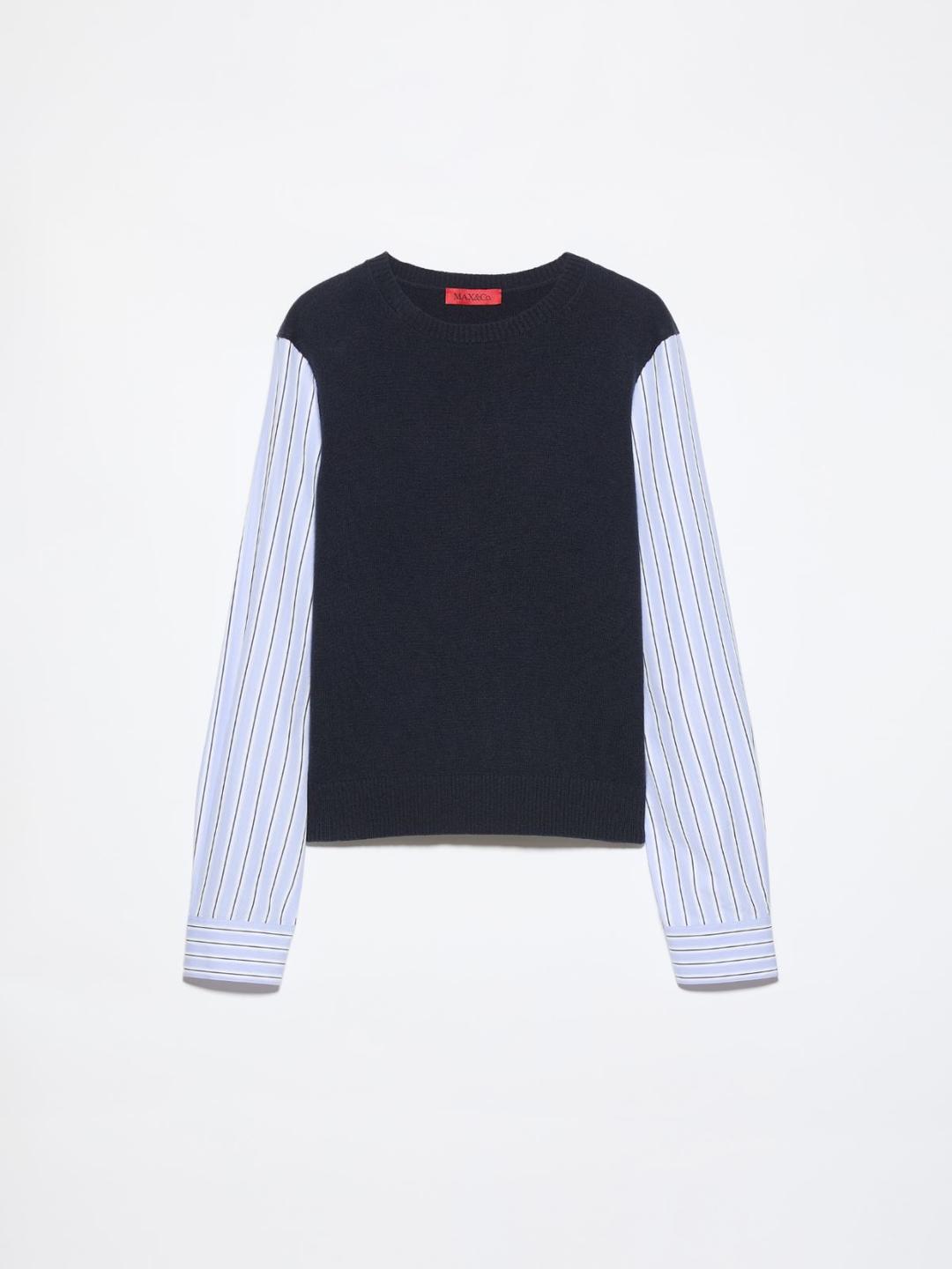 Maglia in pura lana e popeline | Max&Co Maglia blu in pura lana con maniche a camicia in popeline a righe bastonetto e polsini con bottoni. | Max&Co