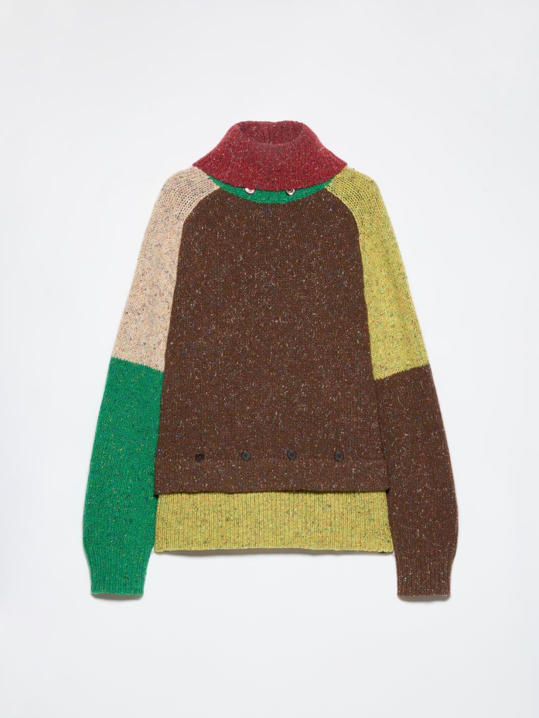 Dolcevita in pura lana tweed | Max&Co Dolcevita in pura lana tweed verde con pannelli colorati, collo alto staccabile e bottoni decorativi. | Max&Co