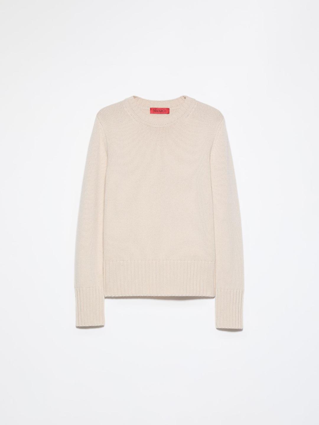 Pull in lana e cashmere | Max&Co Pull in lana e cashmere beige con girocollo e maniche lunghe, lavorazione rasata e bordi a coste, con iconico red square MAX&Co. intarsiato. | Max&Co