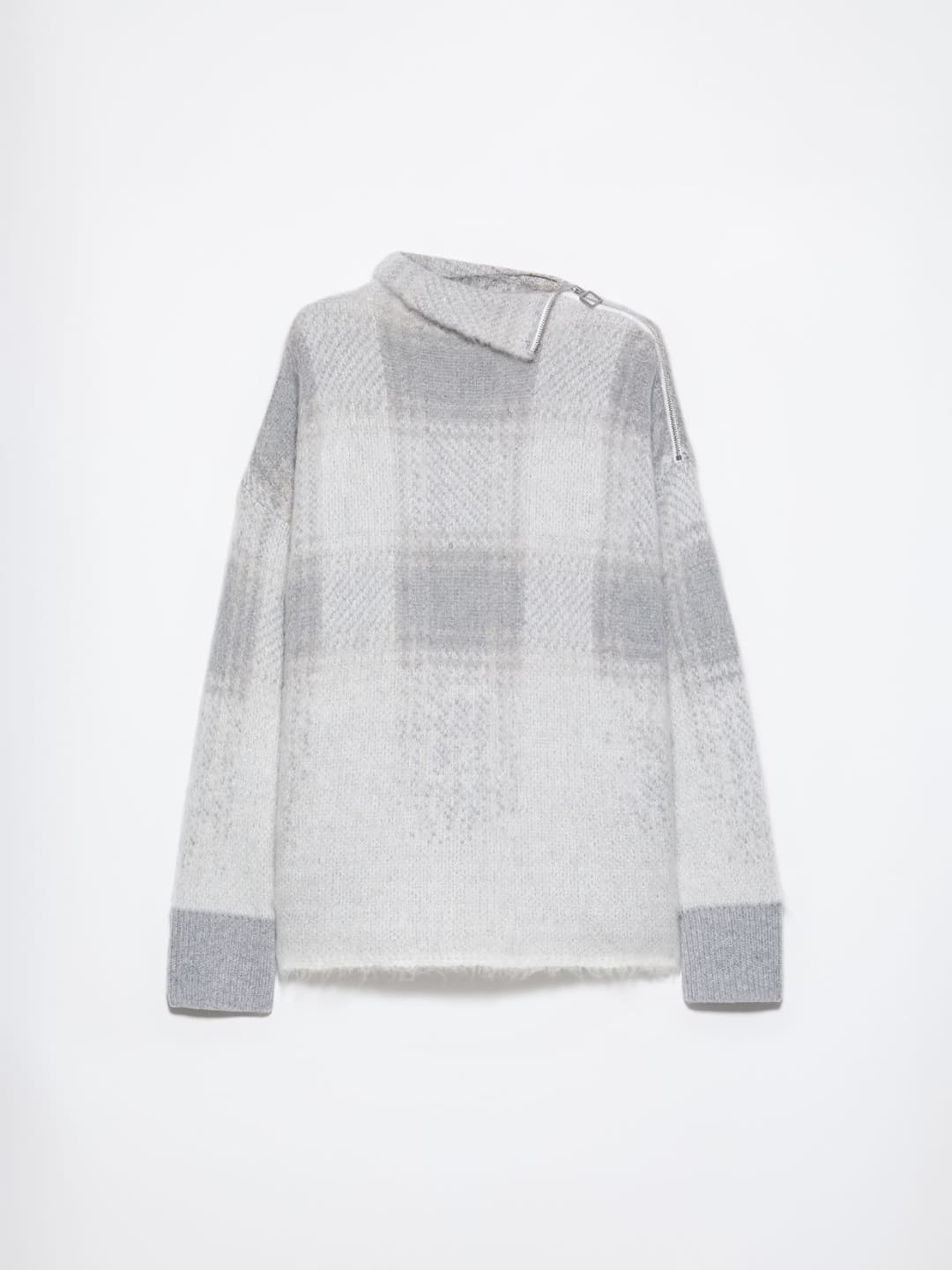 Pull in mohair blend jacquard | Max&Co Pull oversize in mohair blend jacquard a disegno check bianco e grigio, con zip metallica su una spalla e finiture in pura lana. | Max&Co