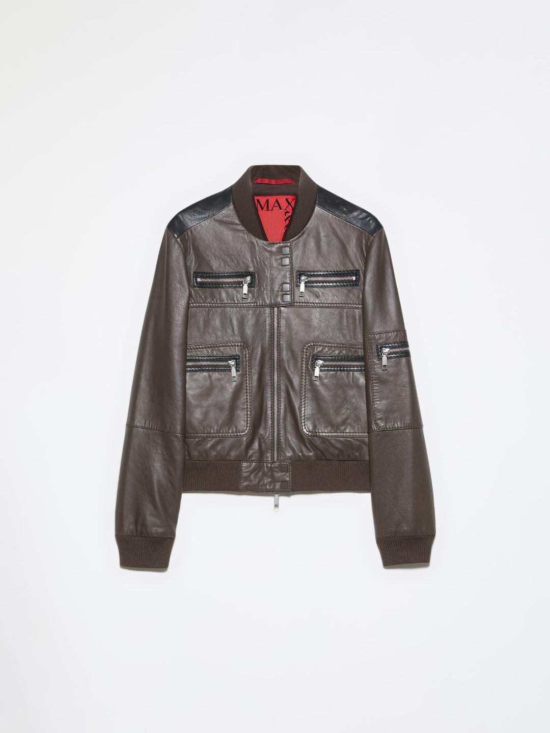 Giacca biker in pelle soft | Max&Co Giacca biker in pelle nappa CIOCCOLATO MAX&Co. con dettagli a contrasto, tasche con zip e bordi in maglia stretch. | Max&Co