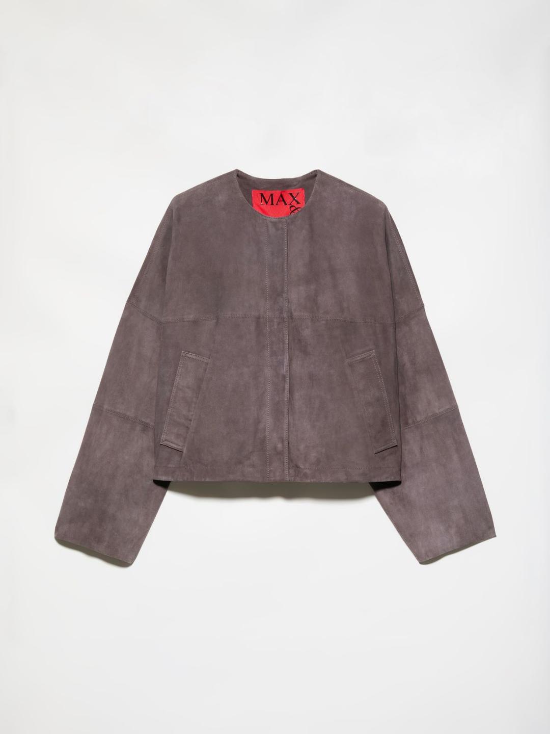 Giacca in pelle scamosciata | Max&Co Giacca in pelle scamosciata color cioccolato con interno nappato, girocollo, spalle scese e taglio cropped ampio. | Max&Co