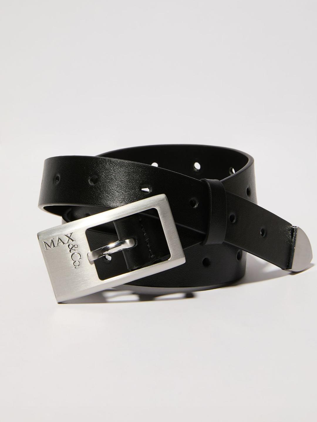Cintura in pelle liscia | Max&Co Cintura in pelle liscia nera MAX&Co. con fibbia geometrica in metallo satinato e logo inciso, altezza 2 cm. | Max&Co