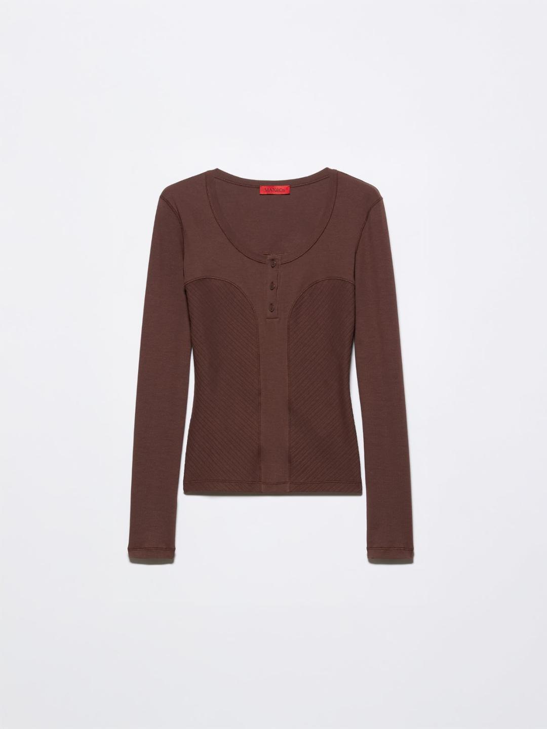 Serafino con intarsi a costine | Max&Co T-shirt serafino da donna color cioccolato con intarsi a costine che valorizzano la silhouette, scollo tondo e maniche lunghe. | Max&Co