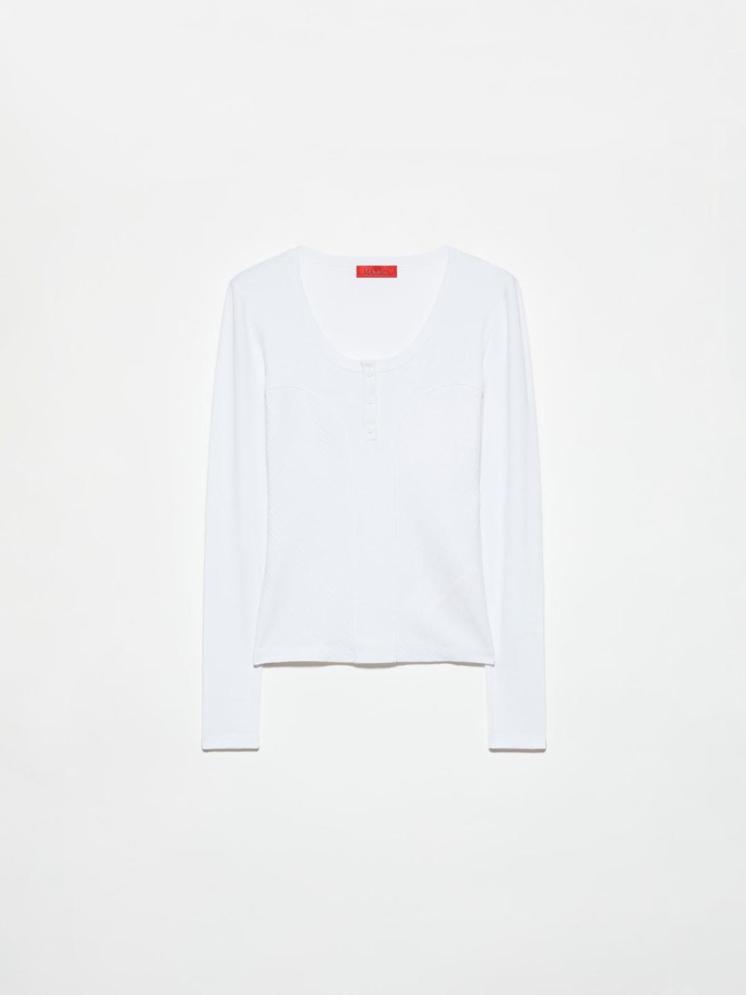 Serafino con intarsi a costine | Max&Co T-shirt serafino bianca ottica da donna con intarsi a costine e scollo tondo, realizzata in jersey di cotone stretch organico. | Max&Co