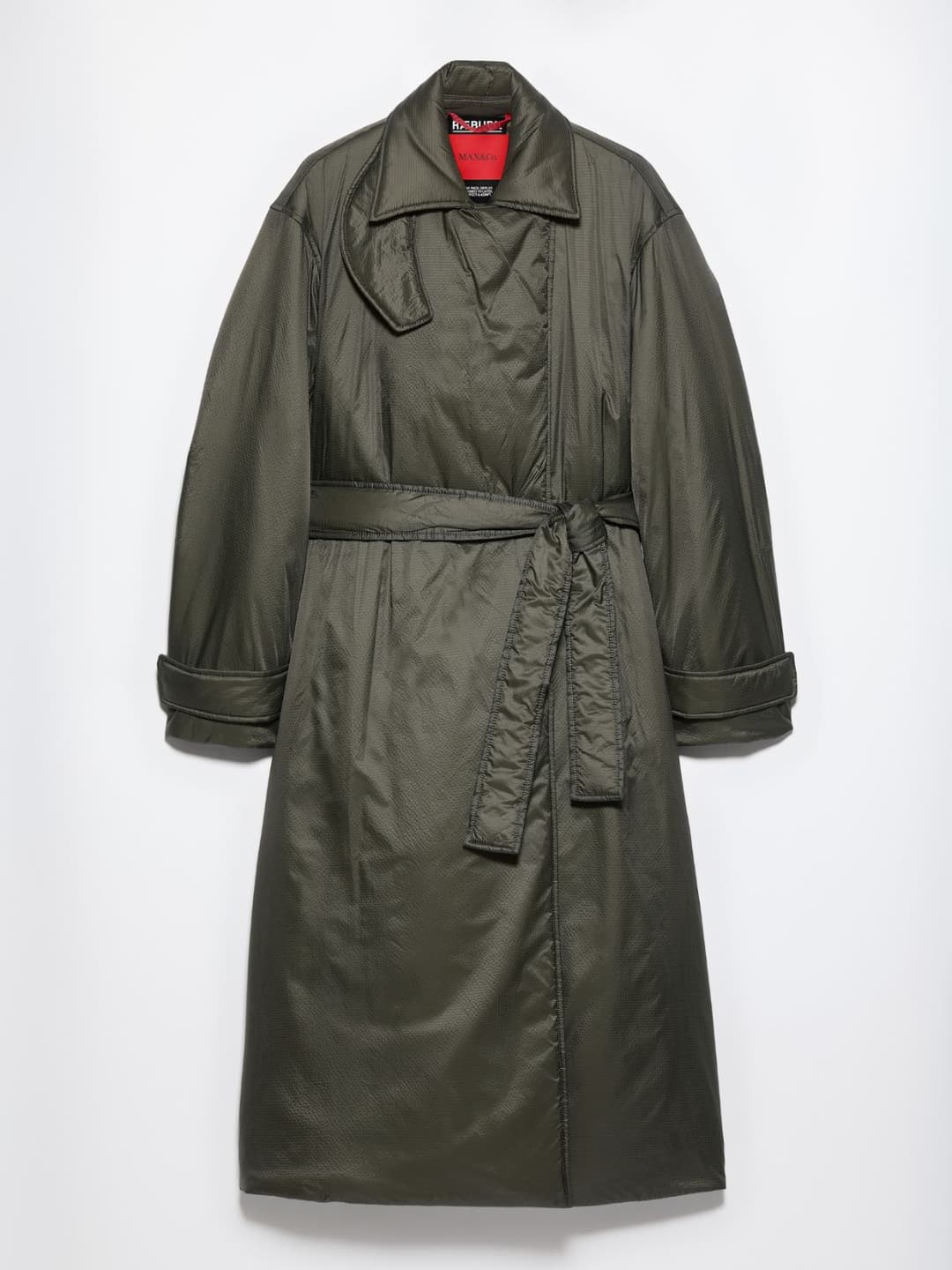 Cappotto imbottito Raeburn &Co.llaboration | Max&Co Cappotto imbottito Raeburn &Co.llaboration kaki in nylon con texture rip-stop e finitura antigoccia, dotato di cintura e tasche. | Max&Co