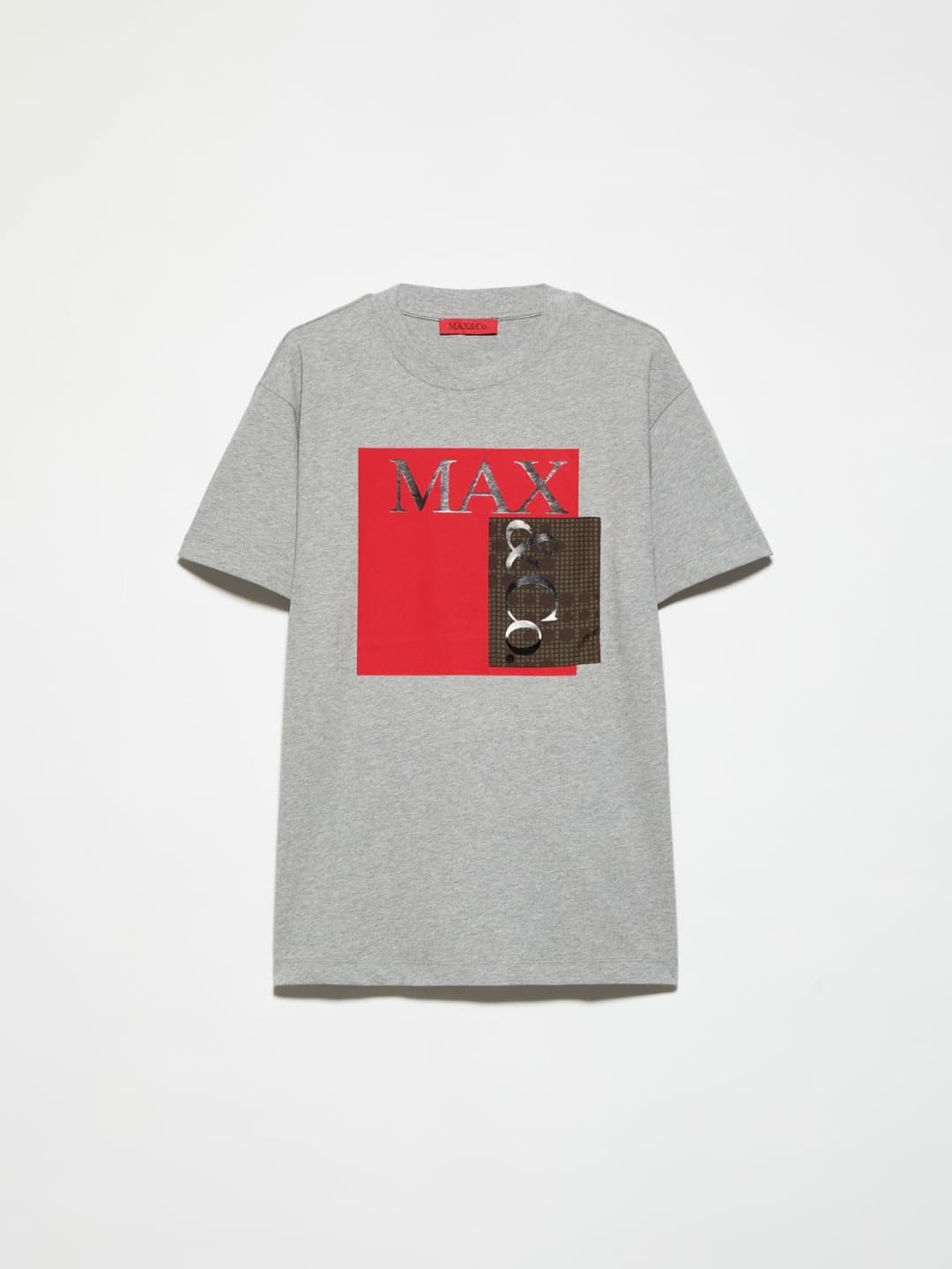 Logo T-shirt Raeburn &Co.llaboration | Max&Co T-shirt grigio melange con logo Raeburn &Co.llaboration, stampa MAX e patch jacquard geometrico su tessuto tecnico. | Max&Co