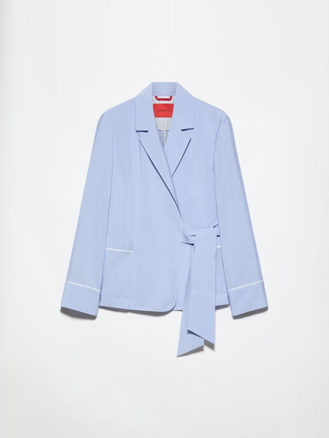 Wrap blazer destrutturato | Max&Co Wrap blazer destrutturato azzurro in viscosa con chiusura a sovrapposizione con lacci, tasche applicate e profili piping a contrasto. | Max&Co