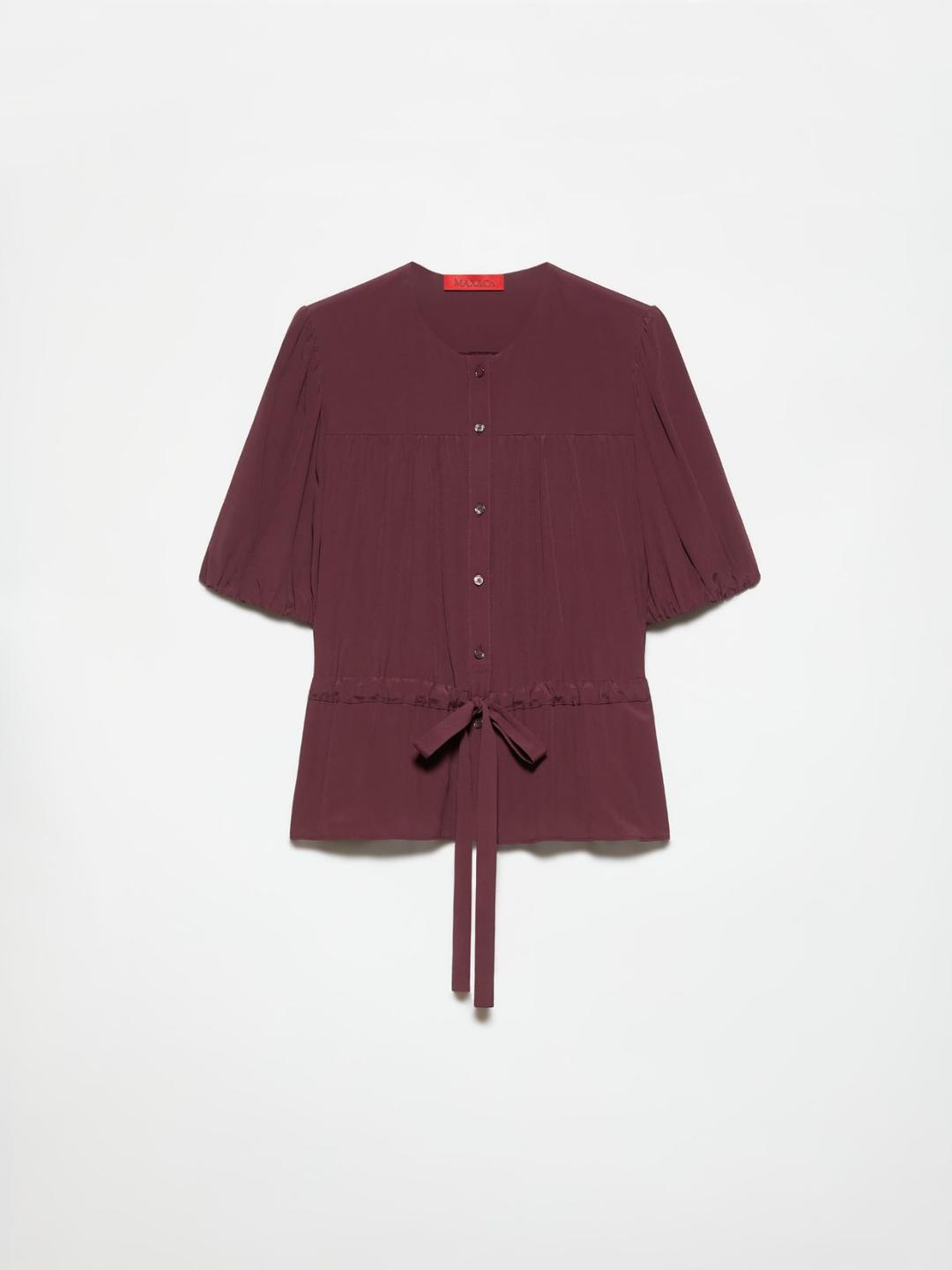 Camicia in crêpe de Chine | Max&Co Camicia in crêpe de Chine color prugna da donna, con scollo a girocollo, maniche corte a palloncino e allacciatura a fiocco in vita. | Max&Co