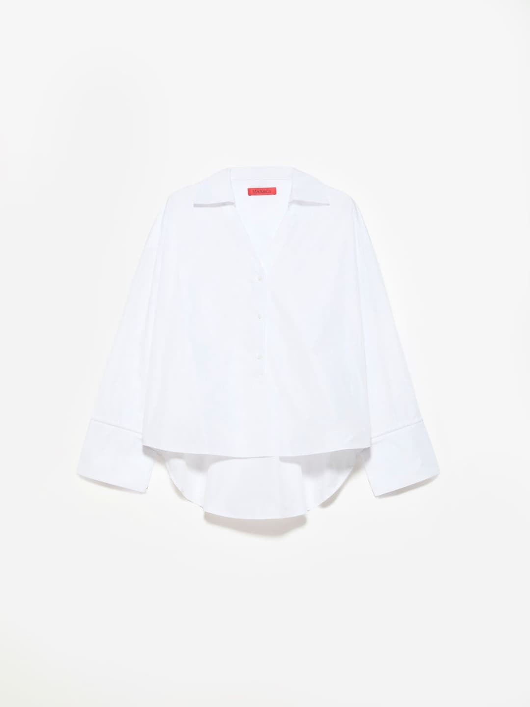 Camicia popover in taffettà | Max&Co Camicia popover bianca in taffettà con colletto aperto, maniche lunghe e orlo arrotondato, perfetta per un look casual-chic. | Max&Co
