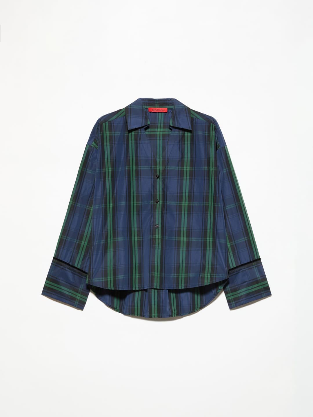 Camicia popover in taffettà | Max&Co Camicia popover in taffettà verde sottobosco con fantasia a quadri, colletto aperto e polsini alti con piping in velluto. | Max&Co