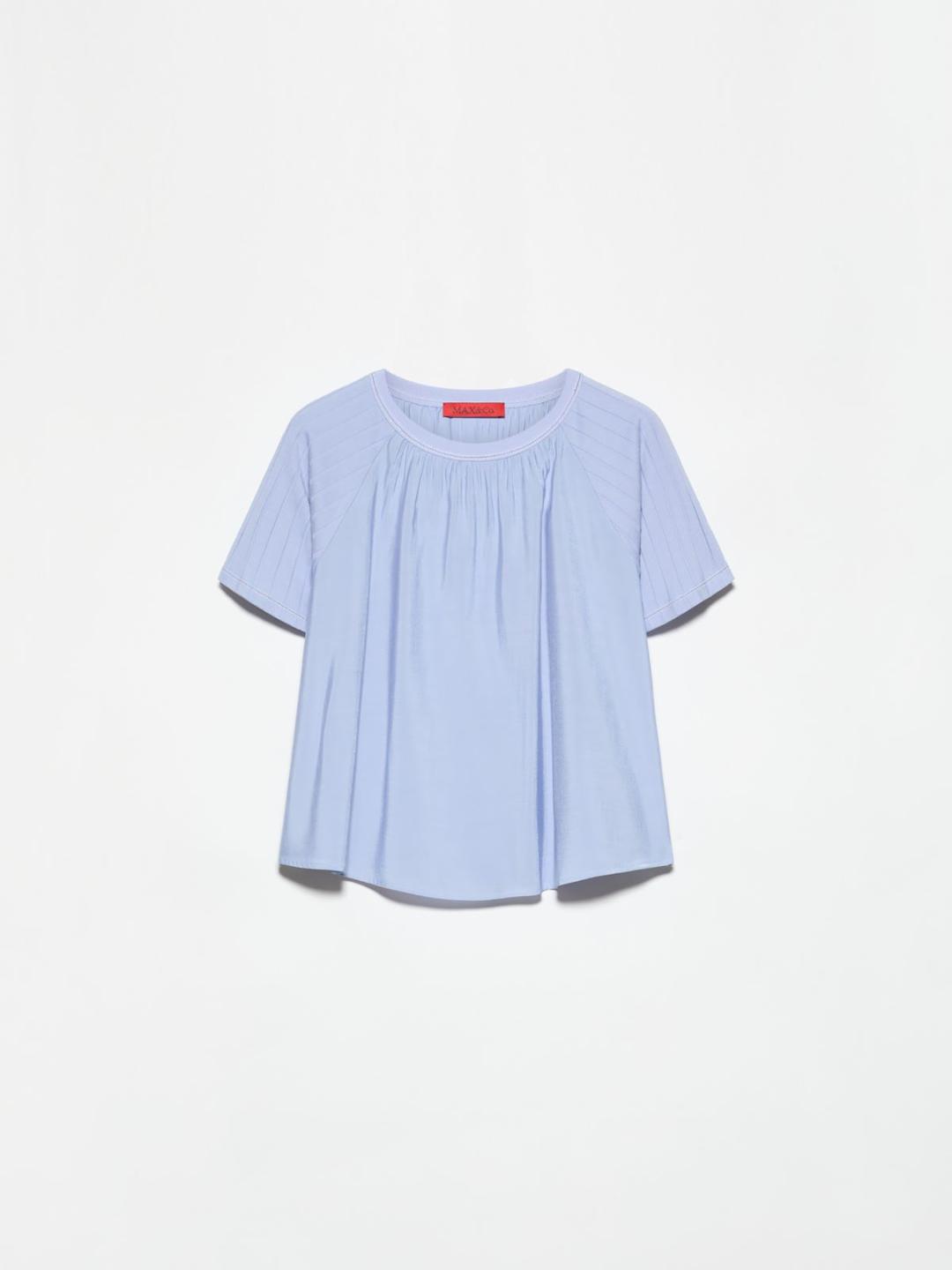 Blusa in tessuto crispy e jersey | Max&Co Blusa azzurra in tessuto crispy e jersey con scollo tondo in cotone, maniche raglan corte a coste piatte e dettagli arricciati sul davanti e retro. | Max&Co