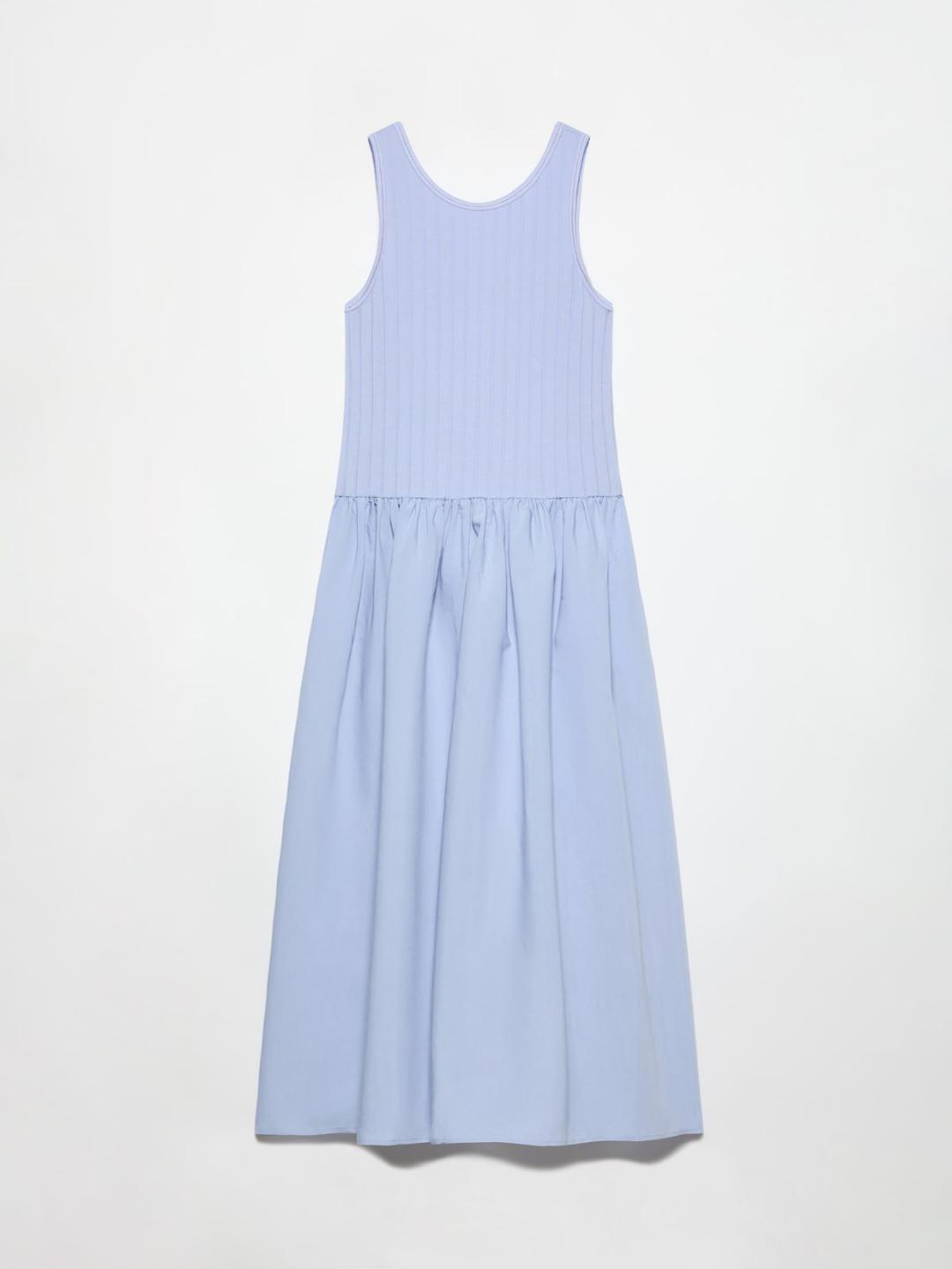 Abito midi in jersey e tessuto | Max&Co Abito midi azzurro in jersey di cotone a coste e tessuto in blend di viscosa, con top a canotta e gonna arricciata. | Max&Co