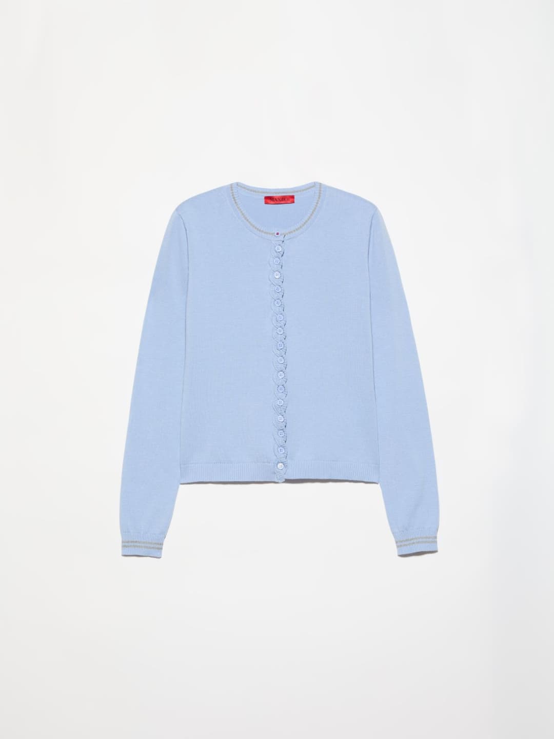 Cardigan con motivo a treccia | Max&Co Cardigan azzurro in puro cotone con motivo a treccia sui bottoni e bordi a righe sportive. | Max&Co