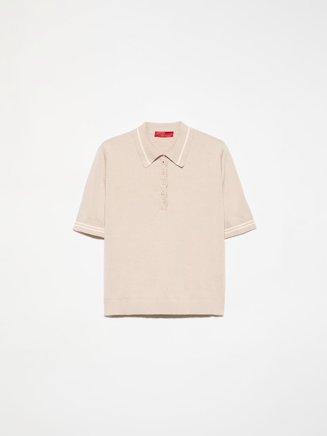 Polo con dettaglio a treccia | Max&Co Polo beige da donna in puro cotone con dettaglio a treccia sull'abbottonatura e bordi a costine con righe a contrasto. | Max&Co