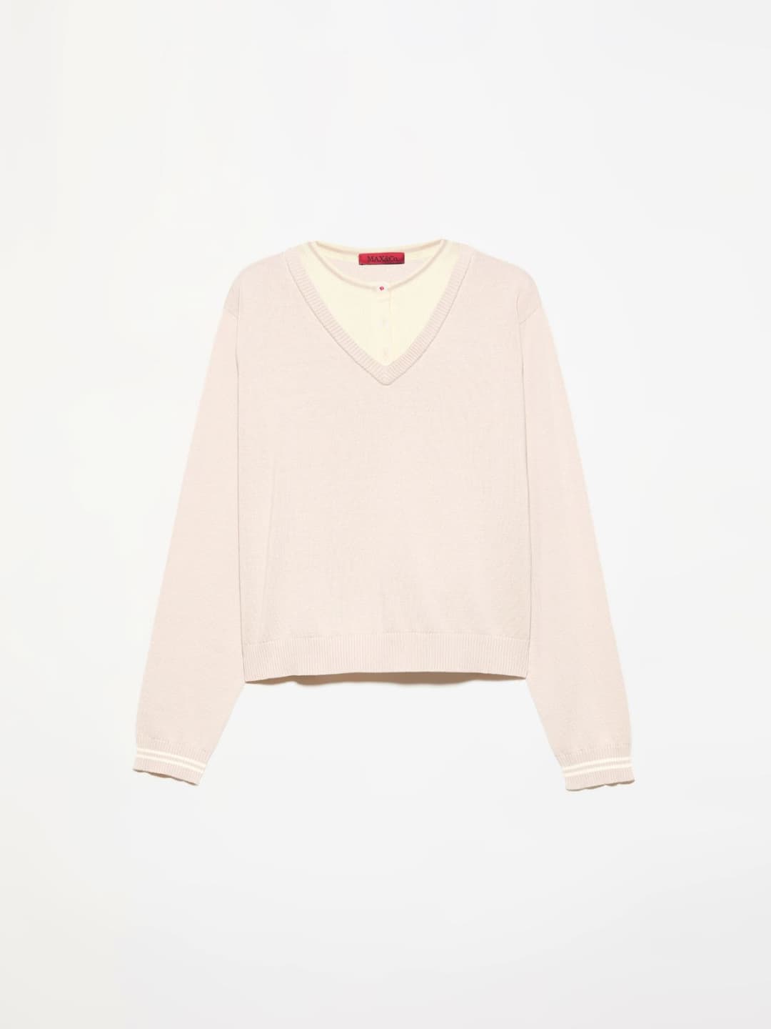 Maglia trompe l’oeil in cotone | Max&Co Maglia trompe l’oeil in puro cotone beige con scollo a V e serafino, dettagli a righe sportive sui polsi e sul collo. | Max&Co