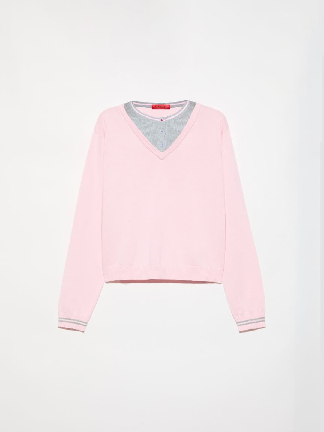 Maglia trompe l’oeil in cotone | Max&Co Maglia trompe l’oeil rosa in puro cotone con scollo a V effetto layering e dettagli a righe a contrasto sui bordi. | Max&Co
