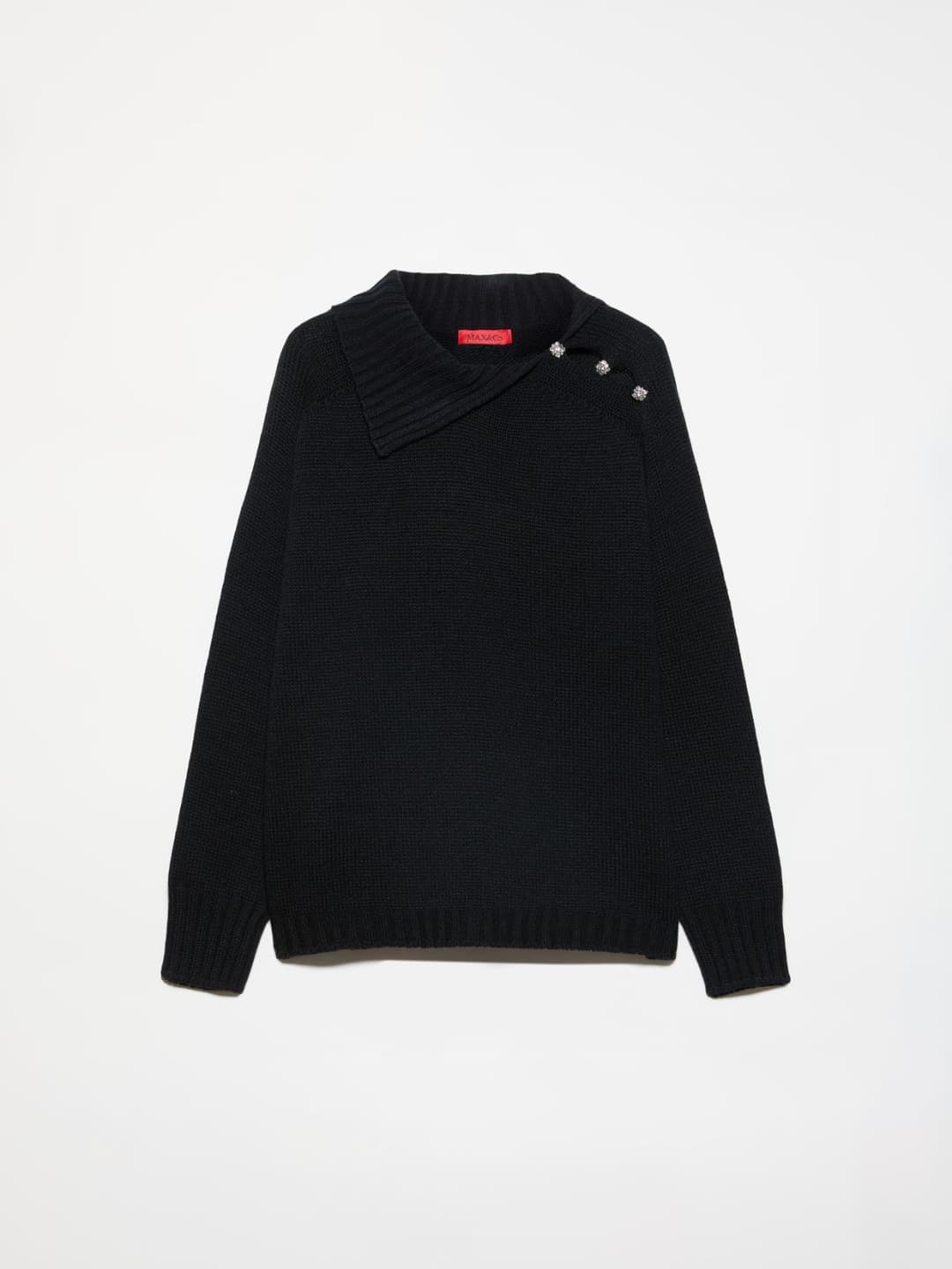 Maglia con bottoni bijou | Max&Co Maglia nera con bottoni bijou, collo a dolcevita asimmetrico e lavorazione rasata. | Max&Co