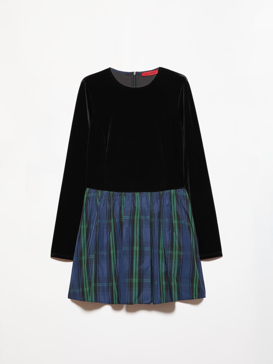 Mini dress in jersey e taffettà | Max&Co Mini dress nero MAX&Co. con top in jersey velluto stretch e gonna in taffetà a quadri blu e verdi con arricciature. | Max&Co