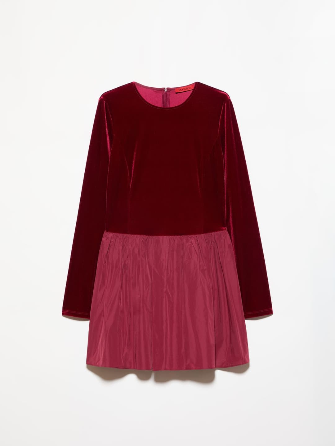 Mini dress in jersey e taffettà | Max&Co Mini dress MAX&Co. in velluto stretch bordeaux con gonna in taffetà arricciata e pieghe, girocollo e maniche lunghe. | Max&Co