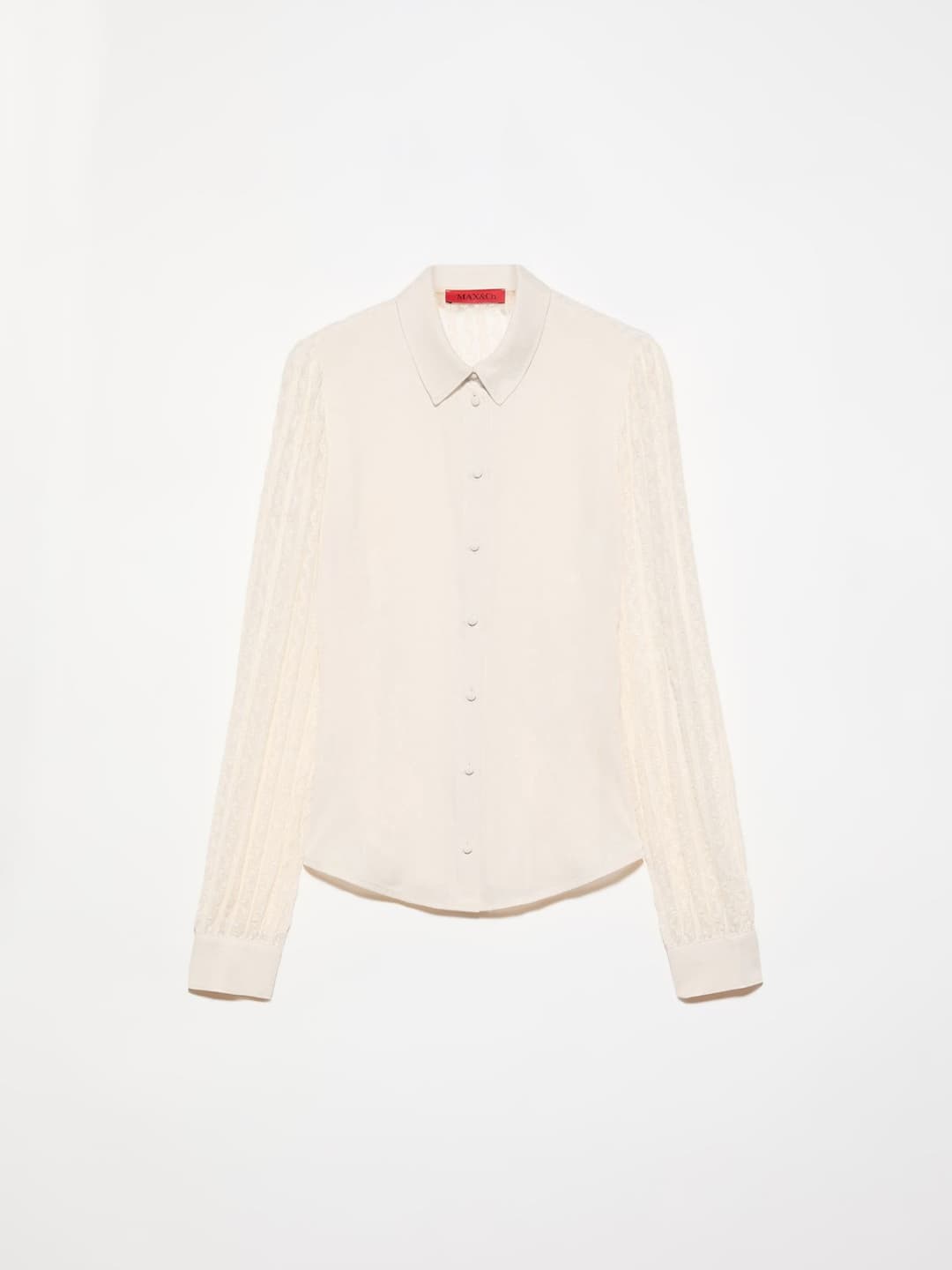 Camicia in pizzo e crêpe de Chine | Max&Co Camicia bianca in pizzo e crêpe de Chine con maniche balloon e colletto classico, perfetta per un look elegante. | Max&Co