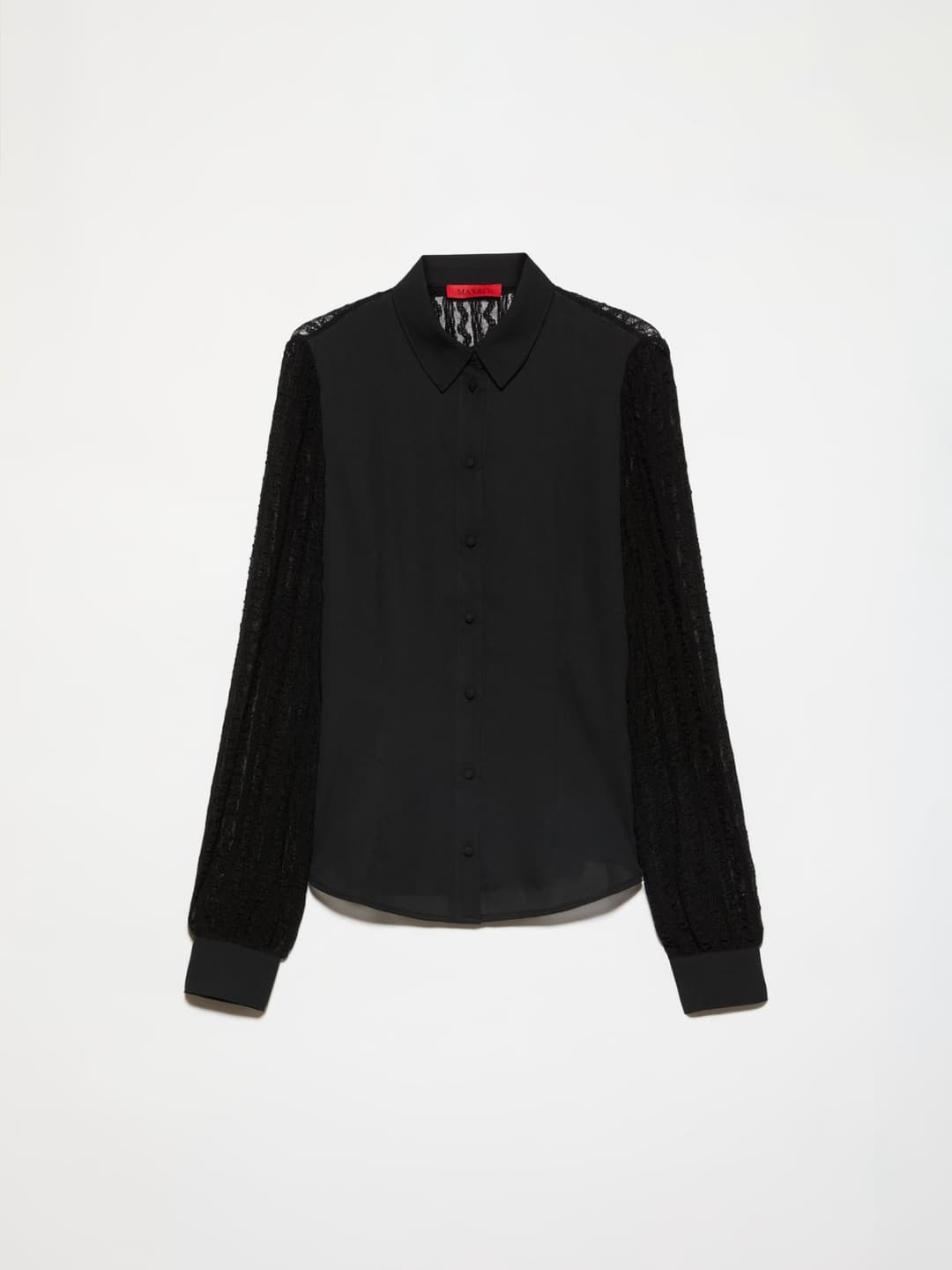 Camicia in pizzo e crêpe de Chine | Max&Co Camicia nera in pizzo e crêpe de Chine con maniche balloon e colletto classico. | Max&Co